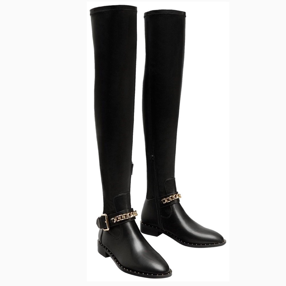 Zara Over The Knee Flat Boots With Chain Detail
